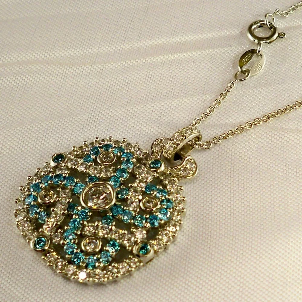 NEW Blue Cubic Zirconias Bezel Silver DESIGNER Necklace